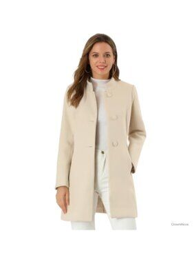 Women's Mid-Long Pea Coat Stand Collar Single Breasted Long Sleeve Fully Lined